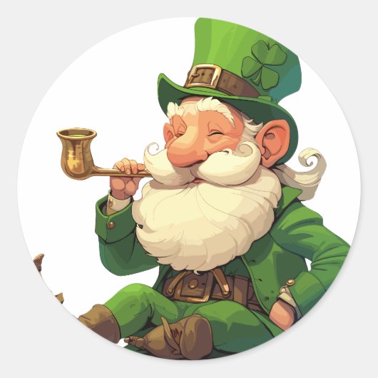 Lachende Leprechaun met Pijp Ronde Sticker (Voorkant)