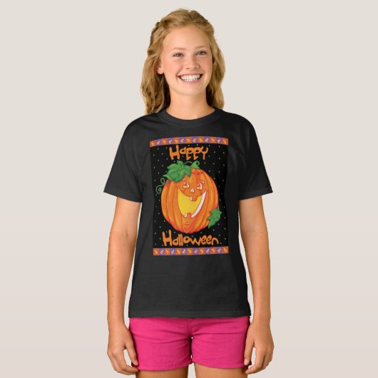 Lachende Pompoen Schattige Halloween Meisje T-shirt (Voorkant volledig)