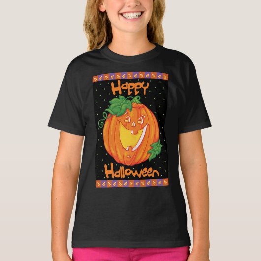 Lachende Pompoen Schattige Halloween Meisje T-shirt (Voorkant)