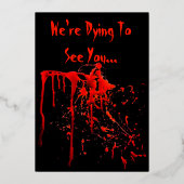 Lachende schedel zwart & rood bloederig Halloween Folie Uitnodiging (Achterkant)