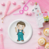 Lachende schooljongen met rugzak papieren bordje (Feest)