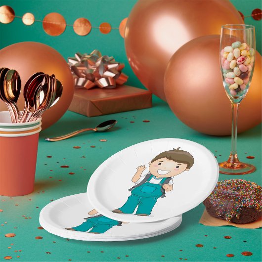 Lachende schooljongen met rugzak papieren bordje