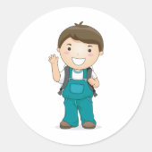 Lachende schooljongen met rugzak ronde sticker (Voorkant)