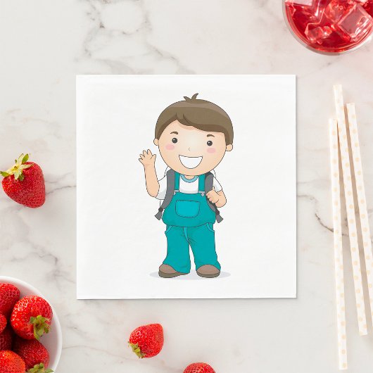 Lachende schooljongen met rugzak servet