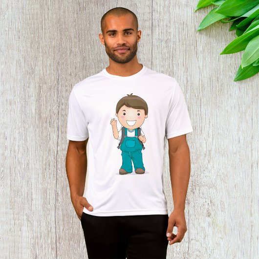 Lachende schooljongen met rugzak t-shirt