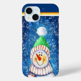 Lachende sneeuwman met pluizige muts iPhone 15 case