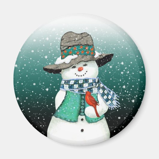 Lachende sneeuwpop, kardinaal in een sneeuwstormma magneet (Voorkant)