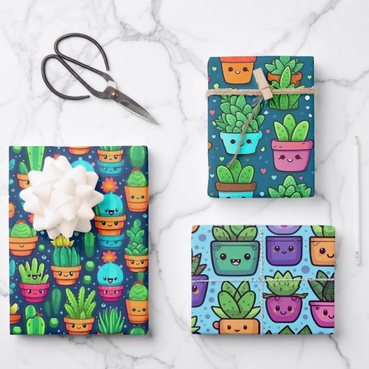 Lachende Succulent en Cacti Planten Leuke Design Inpakpapier Vel (Voorkant)