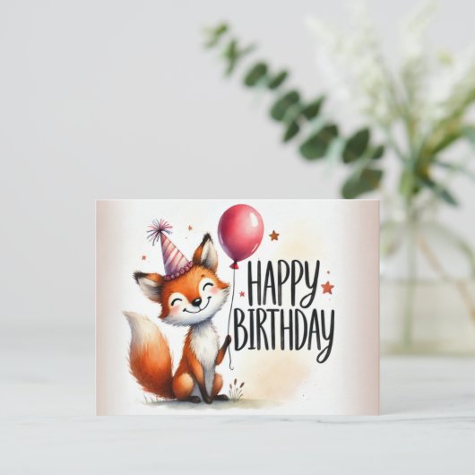 Lachende vos met ballon verjaardag Kaart (Staand voorkant)