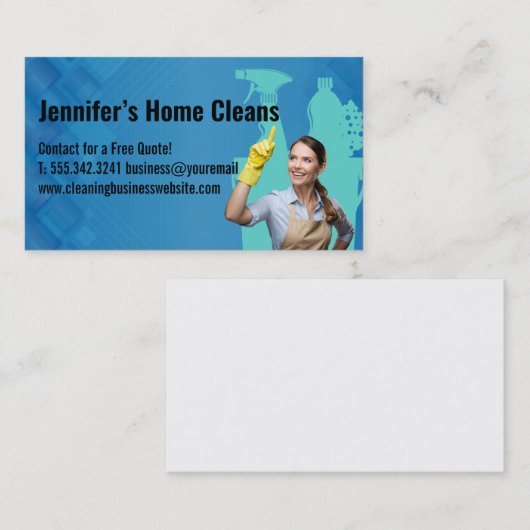 Lachende vrouw in poetsjkleding visitekaartje (Voorkant / Achterkant)