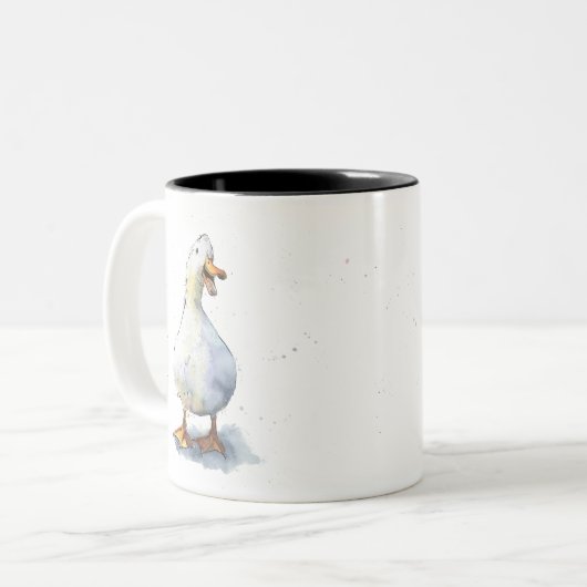 Lachende witte eend grappige gespikkelde watervoge tweekleurige koffiemok (Voorkant links)