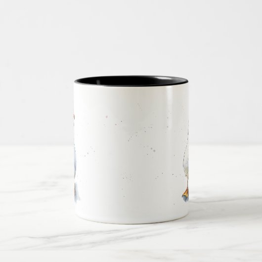 Lachende witte eend grappige gespikkelde watervoge tweekleurige koffiemok (Center)