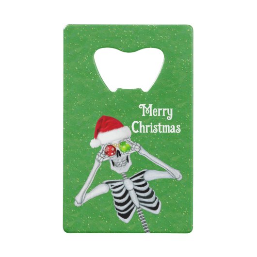 Lachende XMas Skelet Santa Hat Ornamenten Groen Creditkaart Flessenopener (Voorkant)