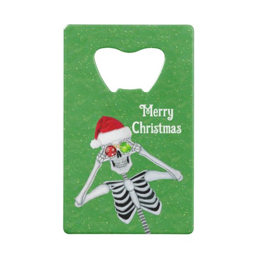 Lachende XMas Skelet Santa Hat Ornamenten Groen Creditkaart Flessenopener (Achterkant)