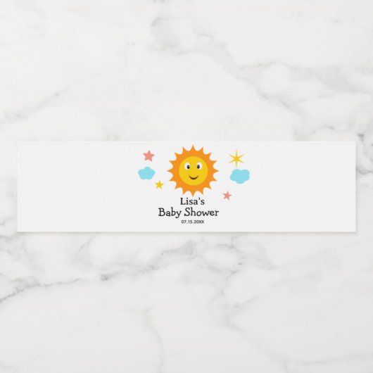 Lachende zonneschijn hier komt het zon Baby shower Waterfles Etiket (Enkel label)