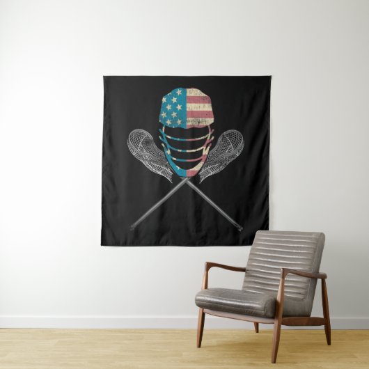 Lacrosse American vlag Lax Helmet en Stick Wandkleed (In situ)