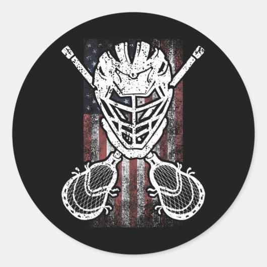 Lacrosse Amerikaanse vlag stok en helm grappig cad Ronde Sticker (Voorkant)