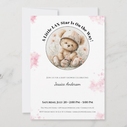 Lacrosse Baby Shower Invitation for Girl Feestdagenkaart (Voorkant)