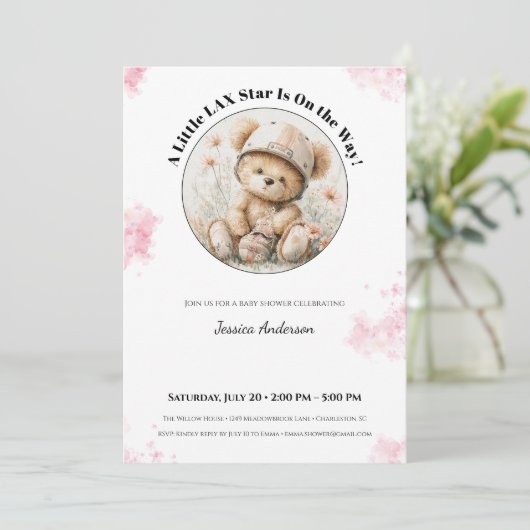 Lacrosse Baby Shower Invitation for Girl Feestdagenkaart (Staand voorkant)