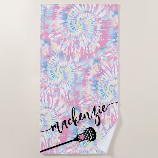 Lacrosse Girls Pink Tie Dye gepersonaliseerd Strandlaken (Voorkant)