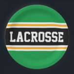 LACROSSE Heldergroen Zwart Geel Racing Stripes Papieren Bordje<br><div class="desc">Dit sportieve,  atletische ontwerp is voorzien van gedurfde LACROSSE-tekst in een gemarkeerde brede zwarte streep met dubbele witte en gele racestrepen tegen felgroene achtergrondstrepen. De tekst in dit ontwerp kan worden gepersonaliseerd.</div>