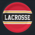 LACROSSE Helderrood Zwart Geel Racing Stripes Papieren Bordje<br><div class="desc">Dit sportieve,  atletische ontwerp is voorzien van gedurfde LACROSSE-tekst in een gemarkeerde brede zwarte streep met dubbele witte en gele racestrepen tegen felrode achtergrondstrepen. De tekst in dit ontwerp kan worden gepersonaliseerd.</div>