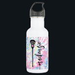Lacrosse Player Tie Dye Name Persoonlijk Waterfles<br><div class="desc">De gepersonaliseerde Fles van het Water voor de Speler van Lacrosse met een elegante feminine en girly het schrijven manuscriptdoopvont van het handschrift op een pastelroze, blauw, en geel patroon van de dikke verkleurde achtergrond.</div>