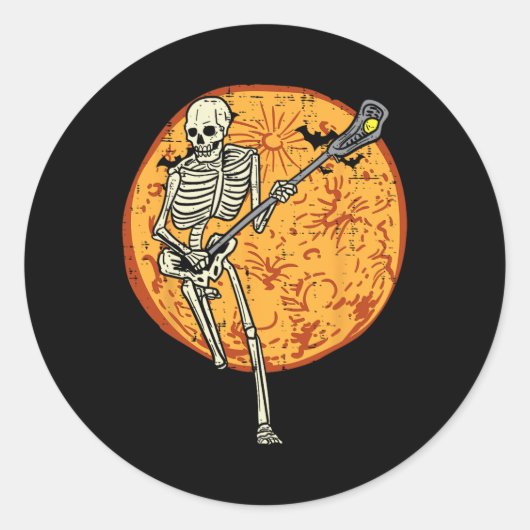 Lacrosse Skelet Volle Maan Sport Halloween Mannen  Ronde Sticker (Voorkant)