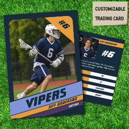 Lacrosse-speler ruilkaart in levendig violet contactkaartje