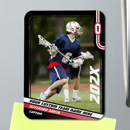 Lacrosse Speler Trading Kaart in Zwart Rood Magneet