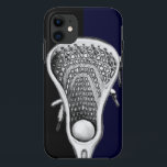 Lacrosse Sports Hoesje-Mate iPhone Case<br><div class="desc">Lacrosse telefoonhoes met een laxstick illustratie op een marineblauwe en zwarte achtergrond.</div>