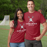 Lacrosse Stick en Ball Custom Player Team Naam T-shirt<br><div class="desc">Show uw teamtrots met dit gepersonaliseerde lacrosse-ontwerp met gekruiste lacrosse-sticks en een bal. Voeg aangepaste tekst - teamnaam, spelersnaam - en een jersey nummer of jaar. Maakt een perfect einde van het seizoen team, speler of coach cadeau. Wijzig de achtergrond- of tekstkleur in overeenstemming met uw teamkleuren - klik op...</div>