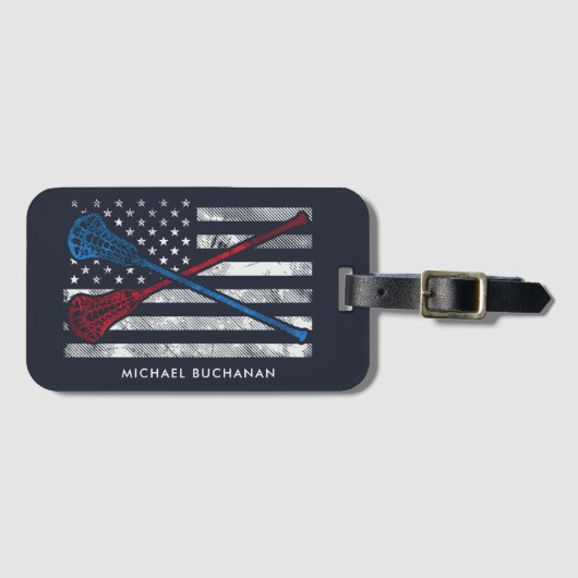 Lacrosse Stick Motif  USA Flag gepersonaliseerd Bagagelabel (Voorkant (horizontaal))
