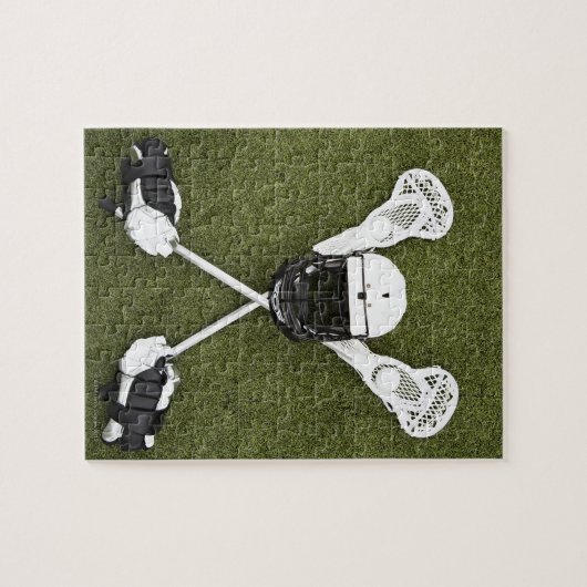 Lacrosse sticks, handschoenen, ballen en sporthelm legpuzzel (Horizontaal)