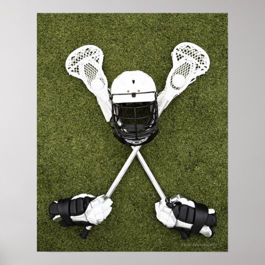 Lacrosse sticks, handschoenen, ballen en sporthelm poster (Voorkant)
