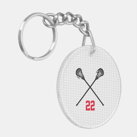 Lacrosse Sticks Speler Nummer Sportcoach Plezier Sleutelhanger (Voorkant Links)