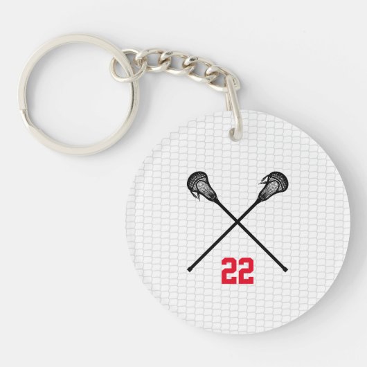 Lacrosse Sticks Speler Nummer Sportcoach Plezier Sleutelhanger (Voorkant)