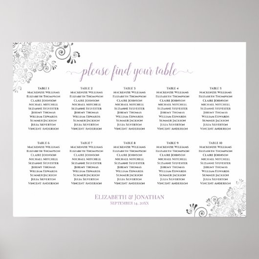 Lacy 10 Table Wedding Seating Chart White Lavender Poster (Voorkant)