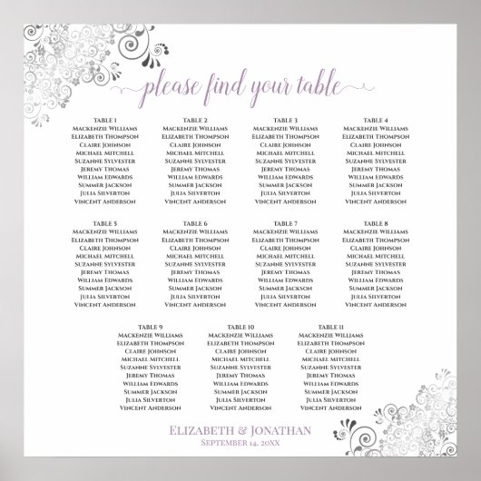 Lacy 11 Table Wedding Seating Chart Lavender White Poster (Voorkant)