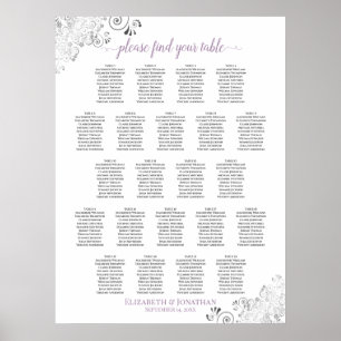 Lacy 22 Table Wedding Seating Chart White Lavender Poster