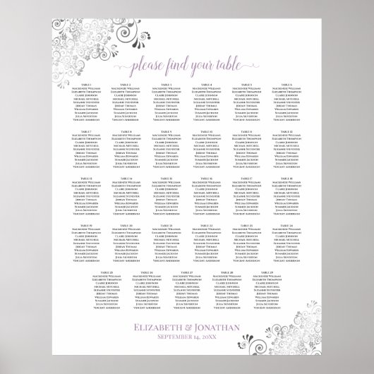 Lacy 29 Table Wedding Seating Chart Lavender White Poster (Voorkant)