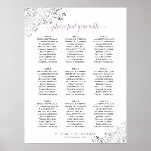 Lacy 9 Table Wedding Seating Chart White Lavender Poster (Voorkant)