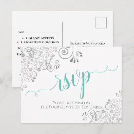 Lacy Aqua Calligraphy on White Wedding RSVP Briefkaart