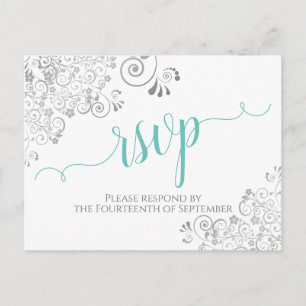 Lacy Aqua Calligraphy on White Wedding RSVP Briefkaart