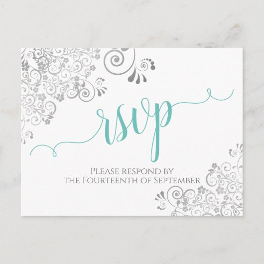 Lacy Aqua Calligraphy on White Wedding RSVP Briefkaart (Voorkant)