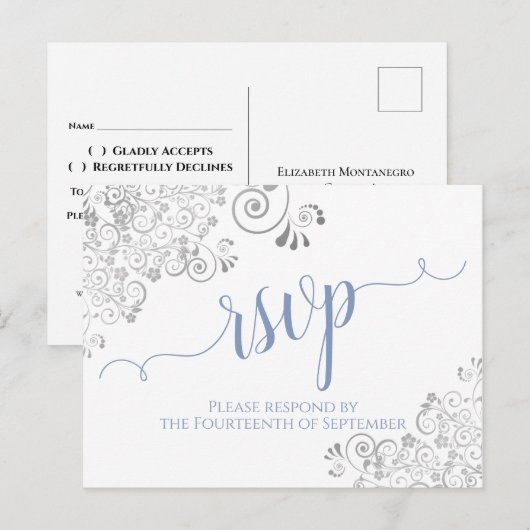 Lacy Calligraphy Light Blue op White Wedding RSVP Briefkaart (Voorkant / Achterkant)
