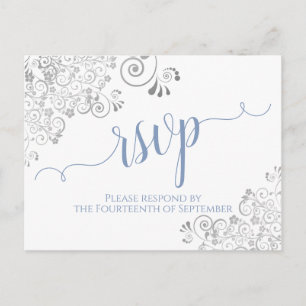 Lacy Calligraphy Light Blue op White Wedding RSVP Briefkaart