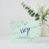Lacy Calligraphy Navy Blue op Mint Wedding RSVP Briefkaart (Staand voorkant)