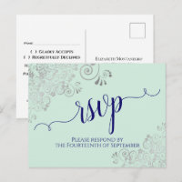 Lacy Calligraphy Navy Blue op Mint Wedding RSVP