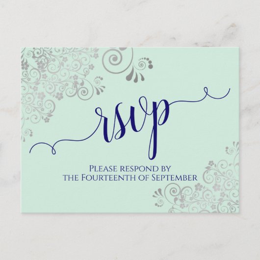 Lacy Calligraphy Navy Blue op Mint Wedding RSVP Briefkaart (Voorkant)